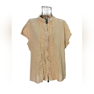 Y2K Millenium Large Tan Lacey Pearl Buttons Elegant Blouse